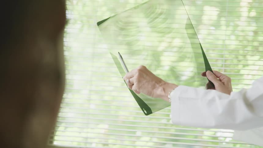 Doctor holds x ray in front of window and points out details in it