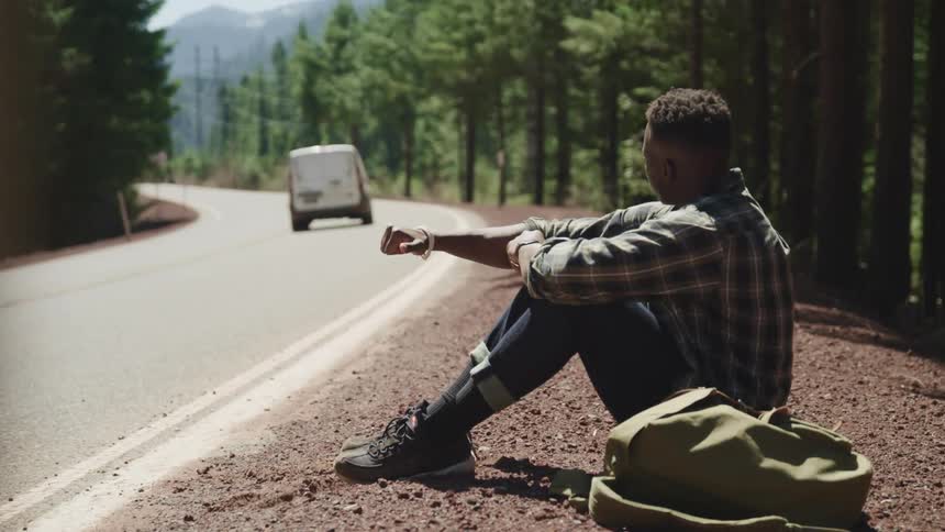 A young man sticks out his thumb as traffic passes while he sits on the side of a road through a woodland on a sunny day