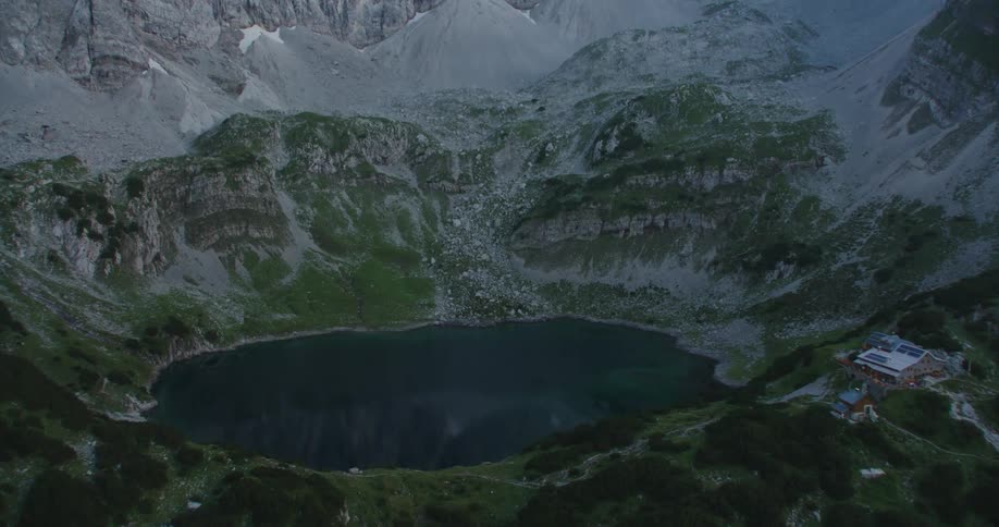 Aerial view of a lake in a mountain range