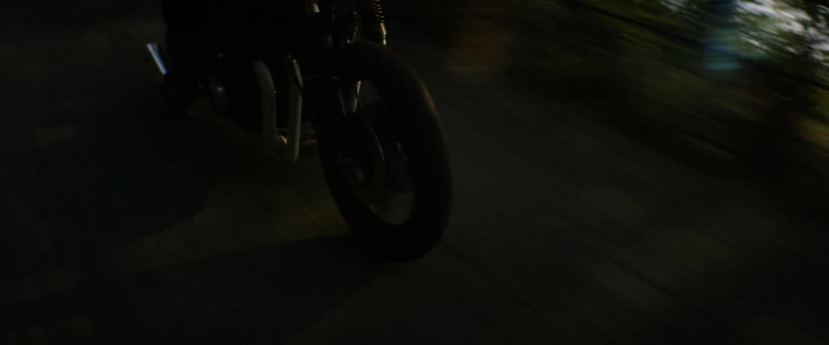 A motorcyclist rides on a lakefront road