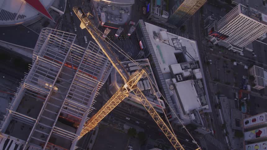 An aerial view of a downtown city is displayed