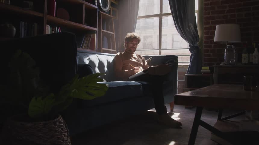 Man with a brown turtleneck sweater sits on a sofa and writes down in a room