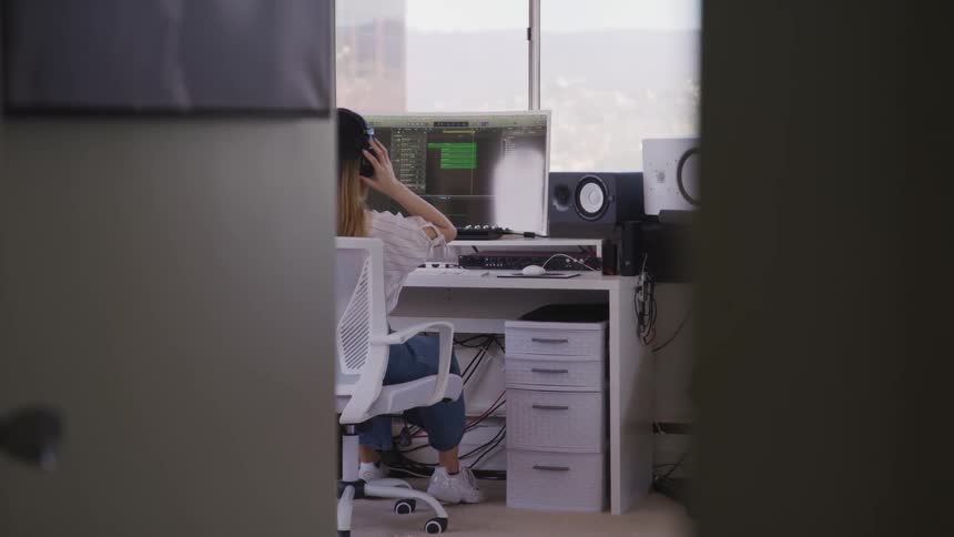 A woman with her headphones on works at her computer in an office