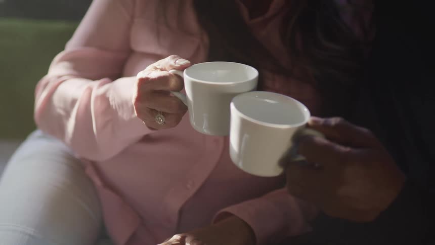 Man and woman sitting on the sofa clinks cups