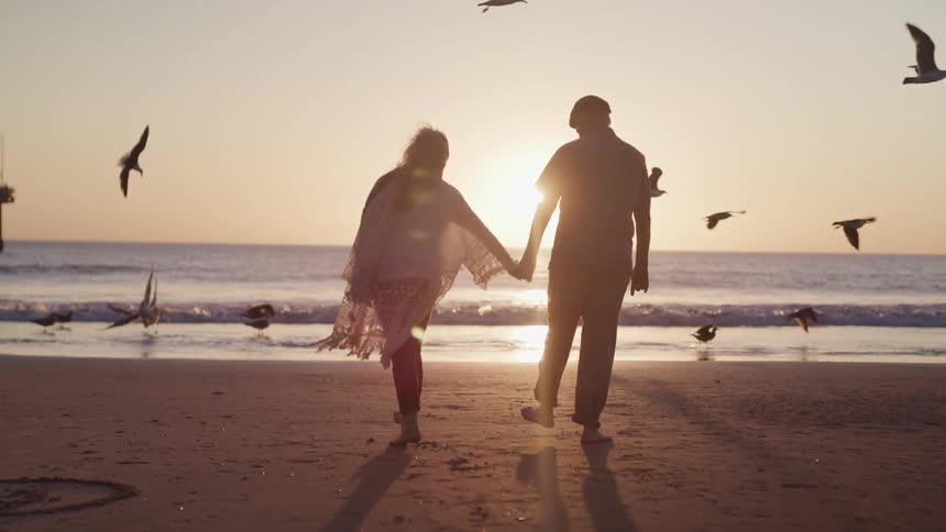Couple walks along beach toward water silhouetted by sun sitting on horizon as flock of seagulls takes flight