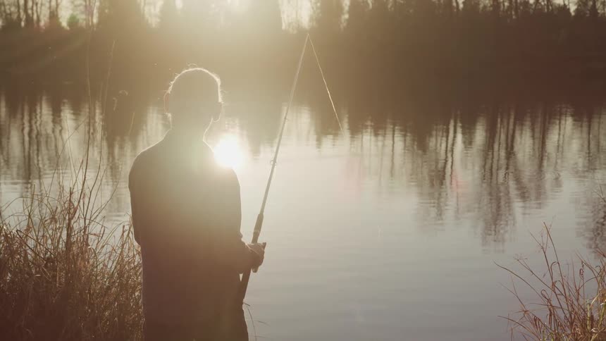 Sunlight shines between trees onto an elderly man fishing while standing in the tall grass on the shore of a lake