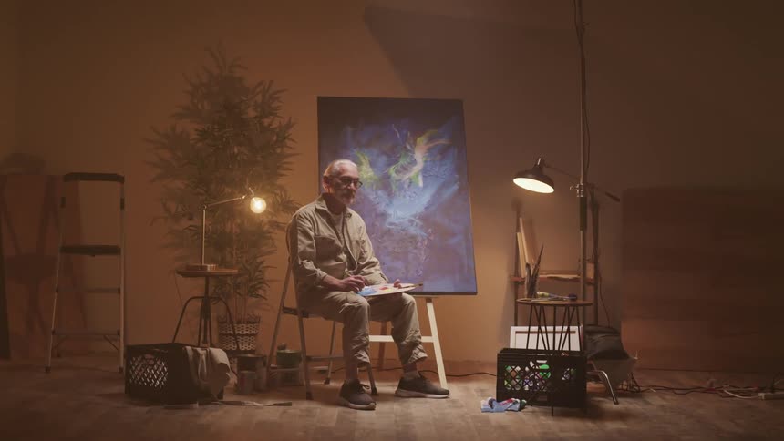 A man sits near a painting