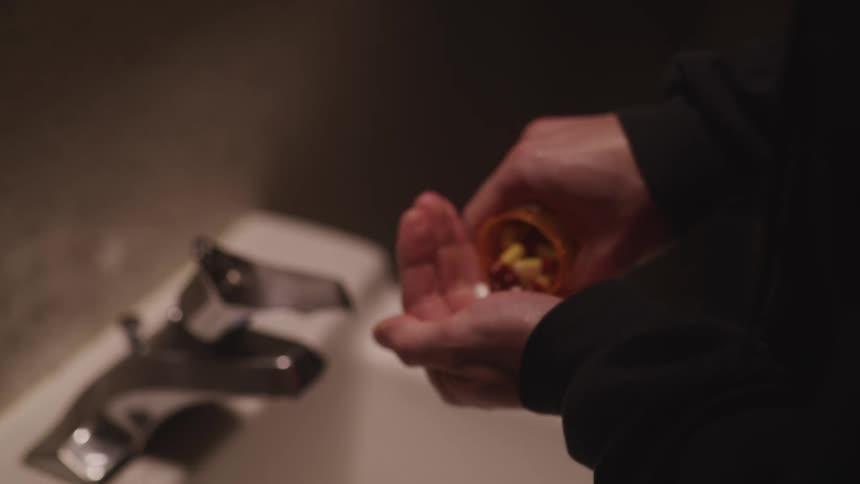 A person pouring prescriptions pills into their hand over a bathroom sink