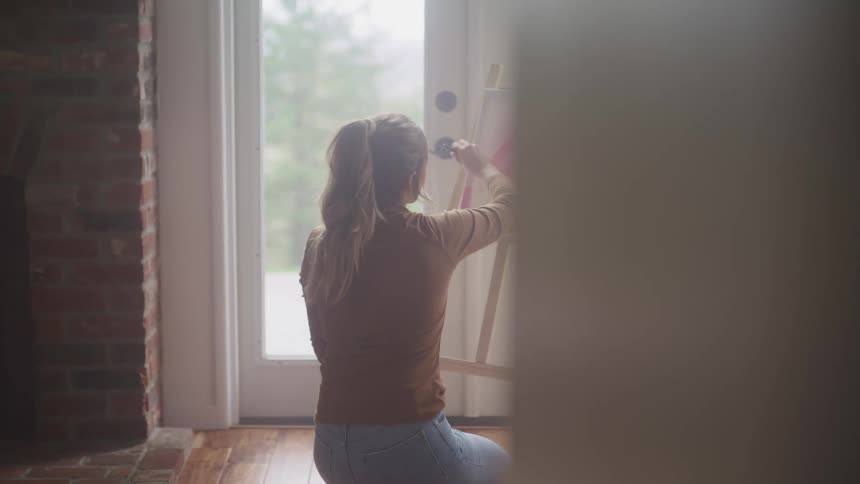 Woman sitting on the floor paints on canvas in a room at home