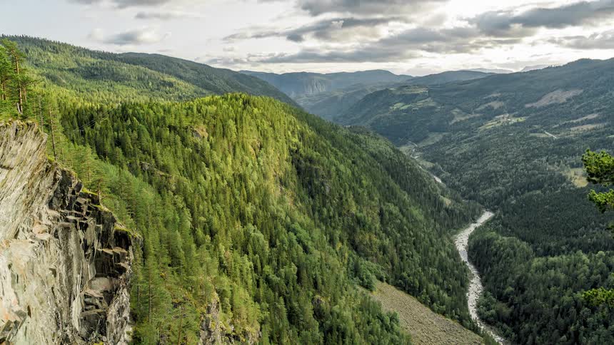 A river next to a cliff with trees with the sky and clouds in the background