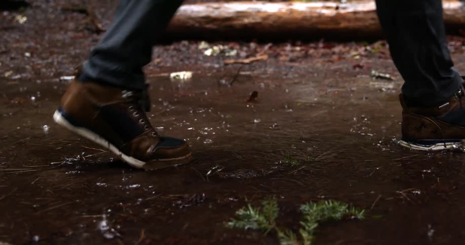 A man walks through a puddle as it rains