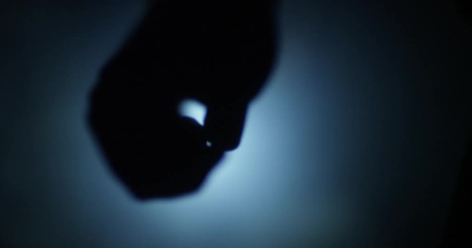 Close up of a hand holding a flashlight outside at night