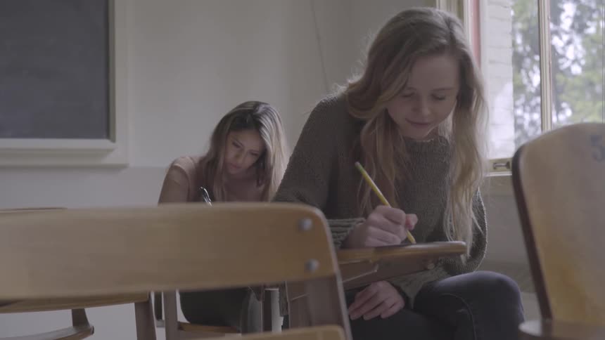 A pair of young women write while sitting at desks in the corner of a classroom during the day