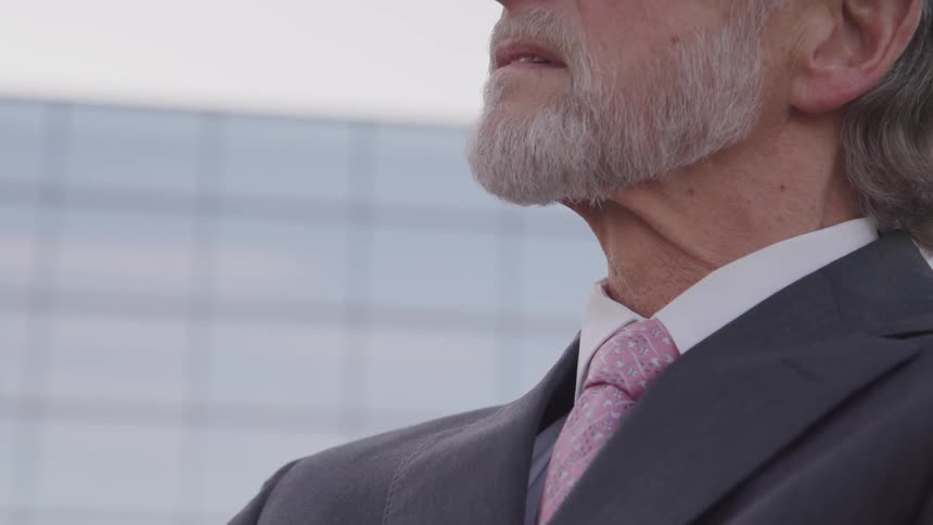 Side view of a businessman with a grey beard and a suit