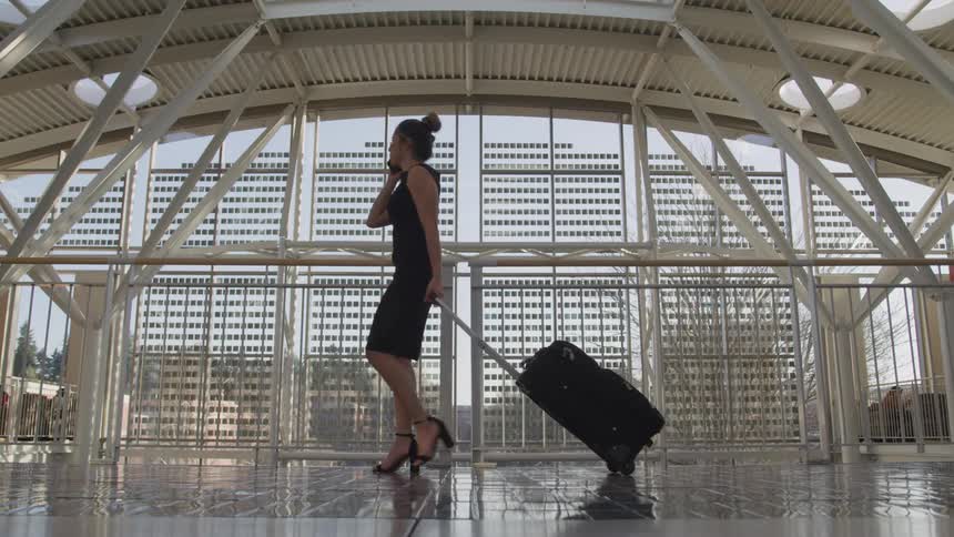Woman wearing a black dress talks on her phone while carrying a suitcase through a terminal