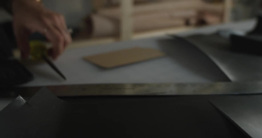 A woman measures fabric on a table