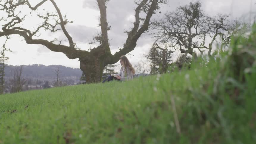 A woman sitting on a grassy field reading a book with trees and the sky in the background