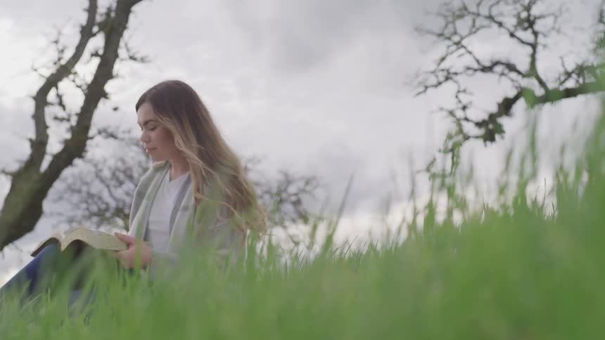 A woman is sitting in the grass reading a book