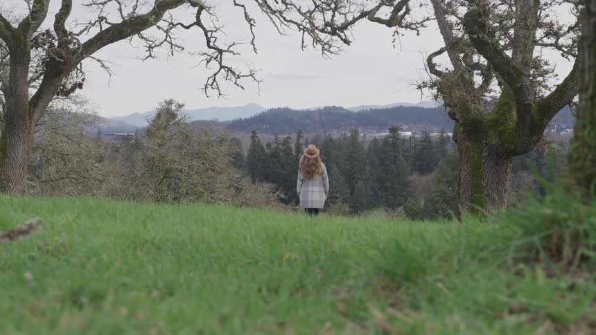A woman stands on a hill overlooking an evergreen forest on a foggy morning