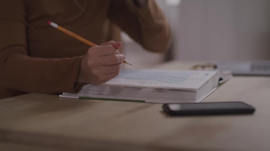 A young female holds a pencil in her hands and makes notes in a textbook