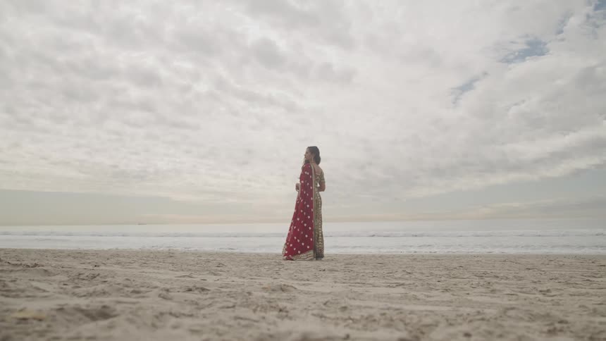 A woman in a saree looks away from the ocean while standing on a beach under a cloudy sky