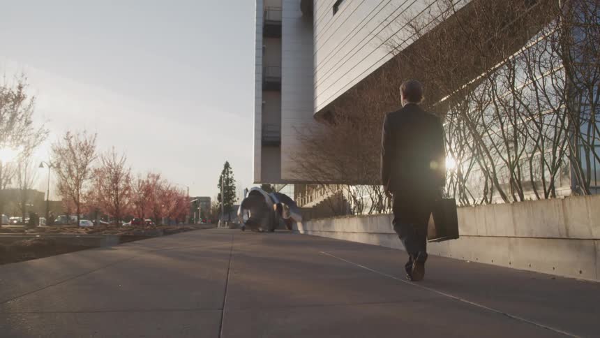 A man carrying a briefcase walks down a city street towards an office building