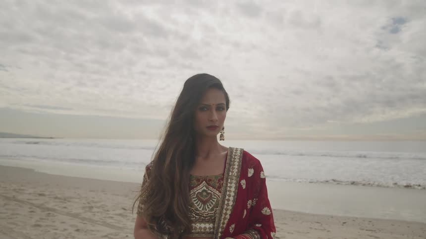 Hindu woman wearing traditional clothing and bindi in her forehead looks at the camera while standing on a beach