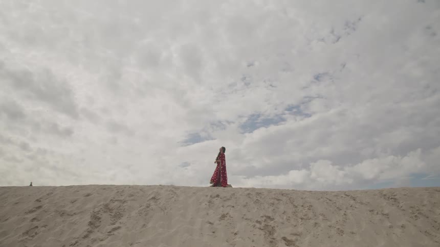 A woman standing on the sand looks up at the sky