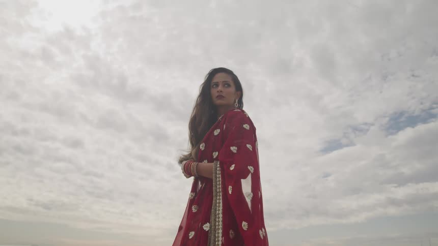 An indian female wearing a sari standing outside
