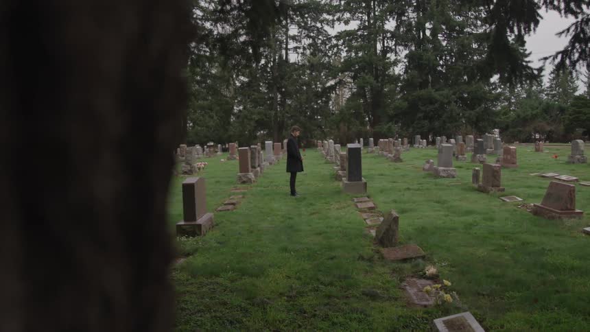 A person stands next to a grave in a cemetery on a summer day