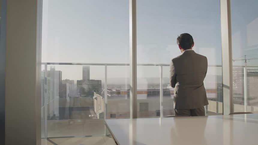 A man in a suit stands before a large window and looks out at the metropolis outside