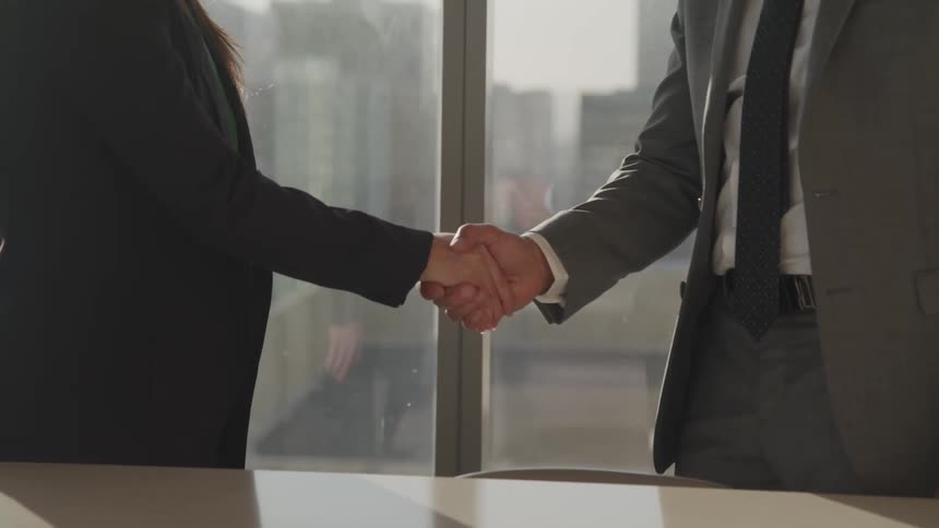 Businessman with a grey suit and businesswoman with a black suit shake hands in the office