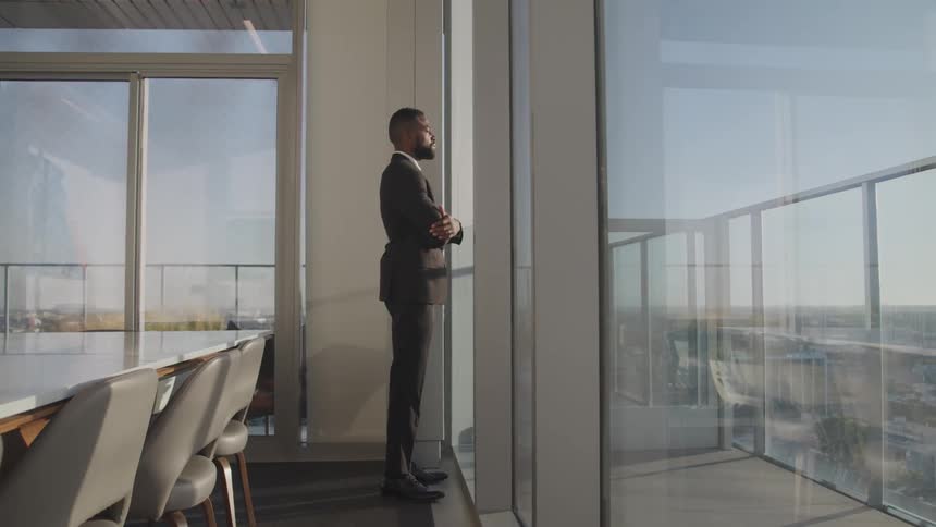 Business man looking at the city from a balcony on a meeting room