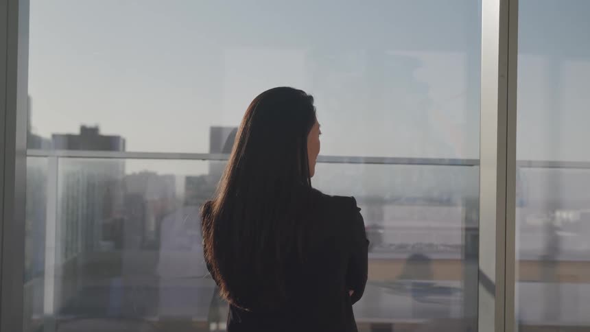Business woman looks at the city skyline from the window of an office