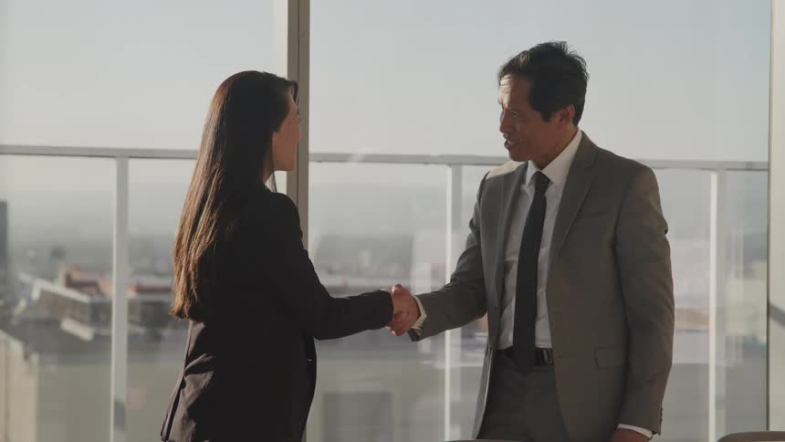A man and woman shake hands in the office