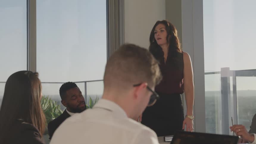 A woman stands up and addresses many other people seated around a table in a meeting room
