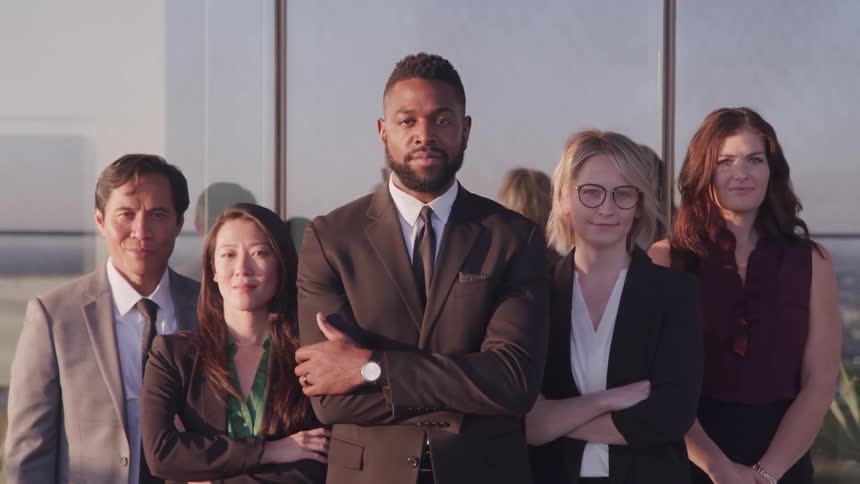A group of business professionals stand side by side while posing together