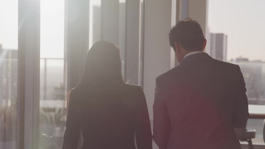 Business people talk while reading documents in an office at sunset