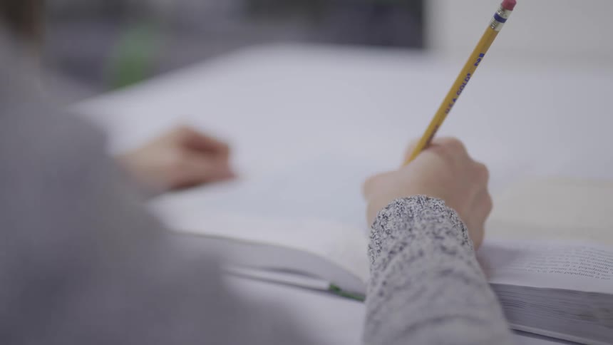 A girl writes in a book with a pencil while studying