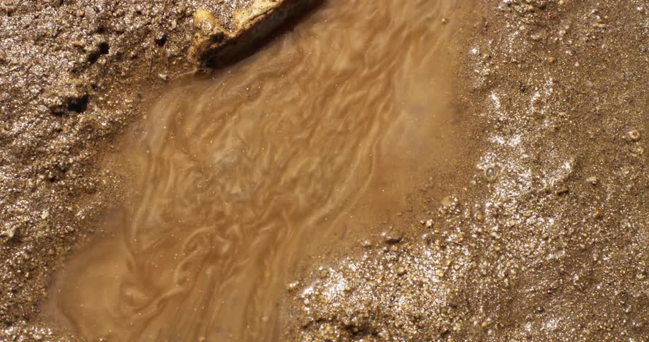 Water flows through a muddy puddle