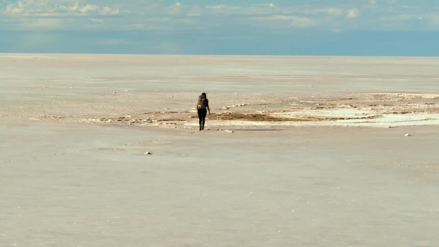 Aerial as woman walks through endless desert