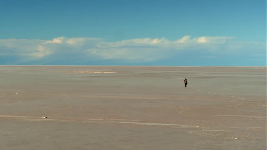 Aerial of a woman walking alone in a vast desert