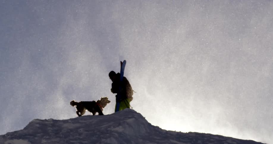 A skier stands on a mountain peak with his dog in the blowing snow