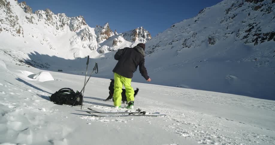 A man is playing fetch with his dog in an arctic area