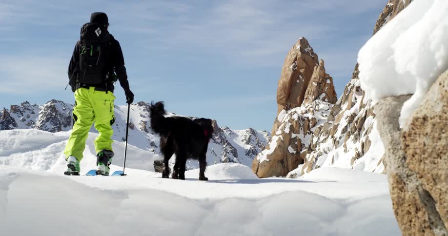 Man on skis walks with his black dog on the snow atop of a mountain