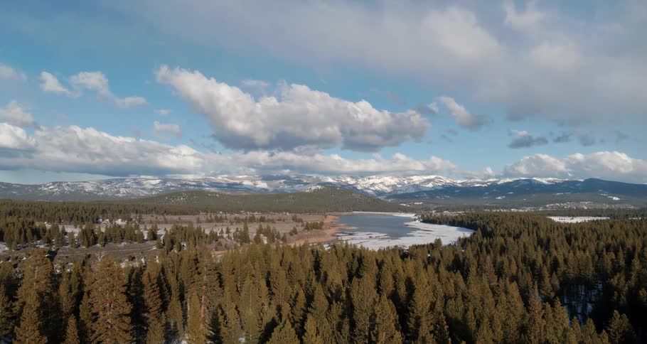 An aerial view of a forest and river with snow on it
