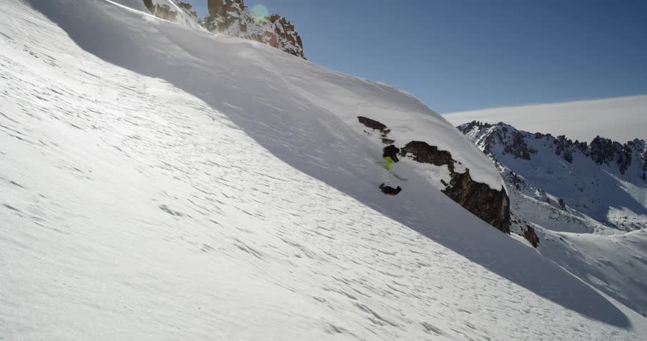 A dog is passed by a skier as it runs down a snowy mountain slope