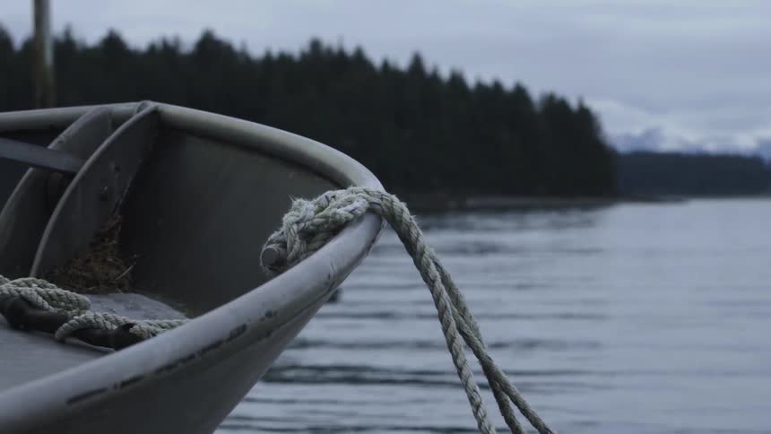 A small boat attached to a rope sways on a lake