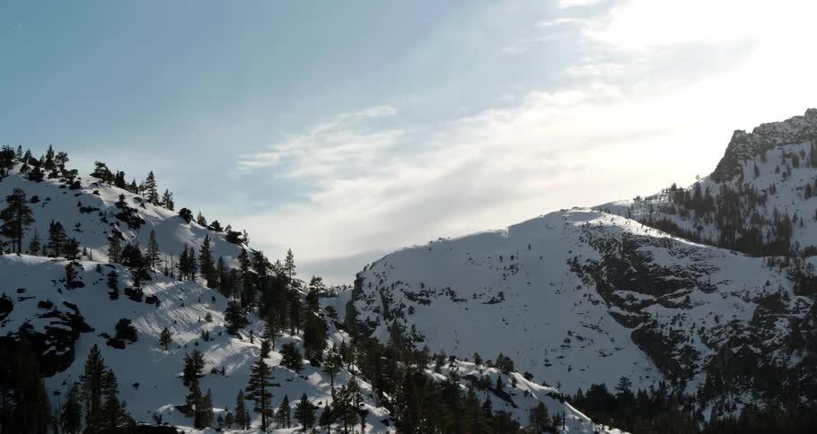 The tall mountains are covered with trees and snow
