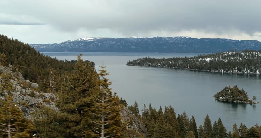 A small island covered with trees sits in a lake near a forest and mountains